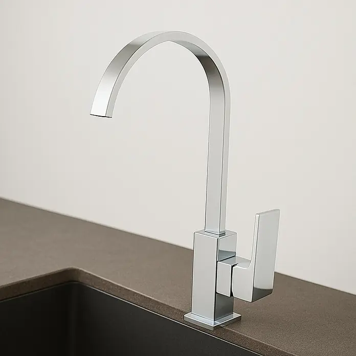 Universal de Grifería Grifo de cocina Acre - Cromo, Brillante - Primer plano de un moderno grifo de cocina cromado sobre una encimera oscura. El grifo presenta un diseño minimalista con líneas cuadradas.