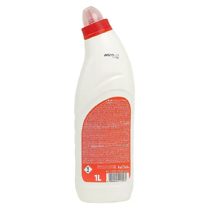MPL Gel de limpieza WC Lejía - 1 l - La imagen muestra una botella blanca de limpiador de WC Anitro con tapa roja y etiqueta roja, marcada con advertencias e información del producto.