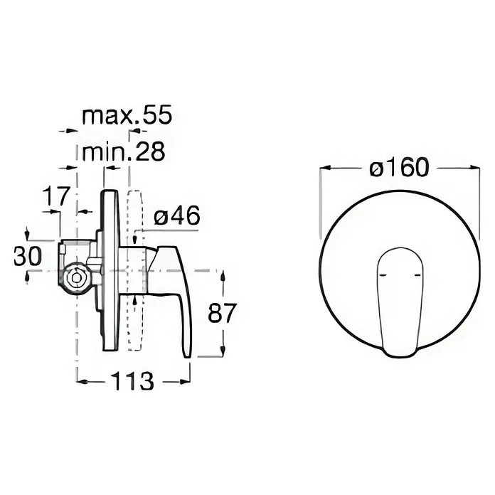 Roca Ducha higiénica inodoro Be Fresh - Cromo, Brillante - Dibujo técnico de un grifo mezclador monomando con medidas dimensionales y diferentes vistas para la instalación.