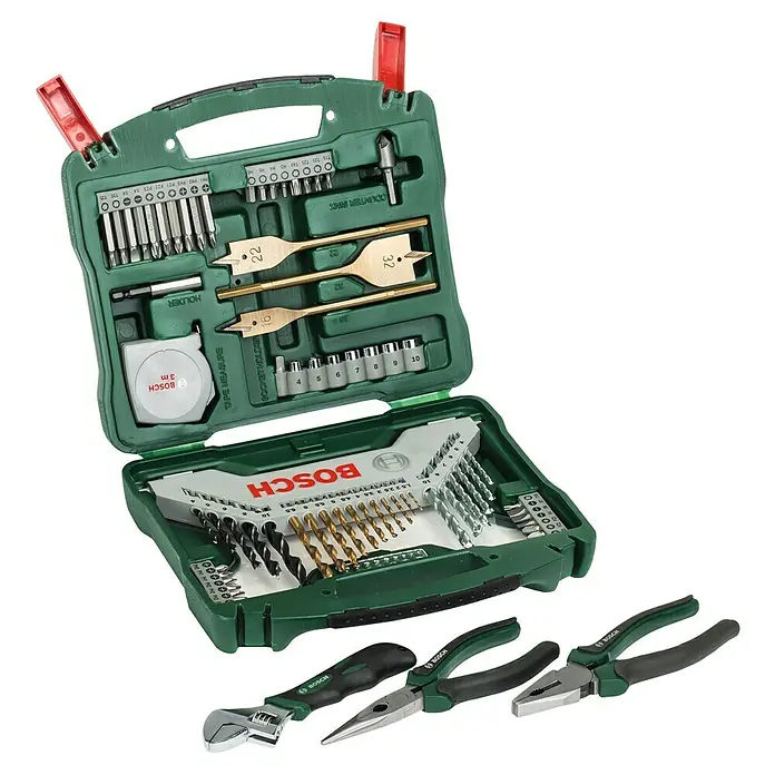 Bosch X - Line Bohrer- & Bit-Set Zubehörkoffer Zangen-Set - 73 -tlg. - Ein grüner Bosch Werkzeugkoffer, geöffnet, mit diversen Bohrern, Bits, Steckschlüsseln und Werkzeugen, ideal für Heimwerkerprojekte.