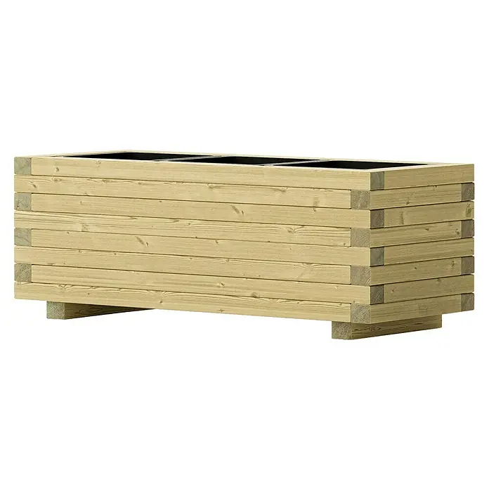 Pflanzkasten Riva - Außenmaß (L x B x H): 86 x 35 x 32 cm, Holz, Olivbraun - Ein rechteckiger, hölzerner Pflanzkasten mit einer schwarzen Auskleidung im Inneren. Die robuste Bauweise besteht aus horizontalen Holzbrettern.