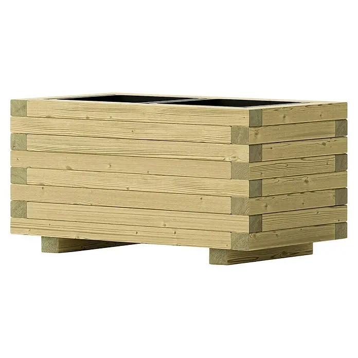Pflanzkasten Riva - Außenmaß (L x B x H): 61 x 35 x 32 cm, Holz, Olivbraun - Das Bild zeigt einen hölzernen Pflanzkasten mit schwarzem Einsatz, ideal für Gartenliebhaber und eine stilvolle Gartengestaltung.