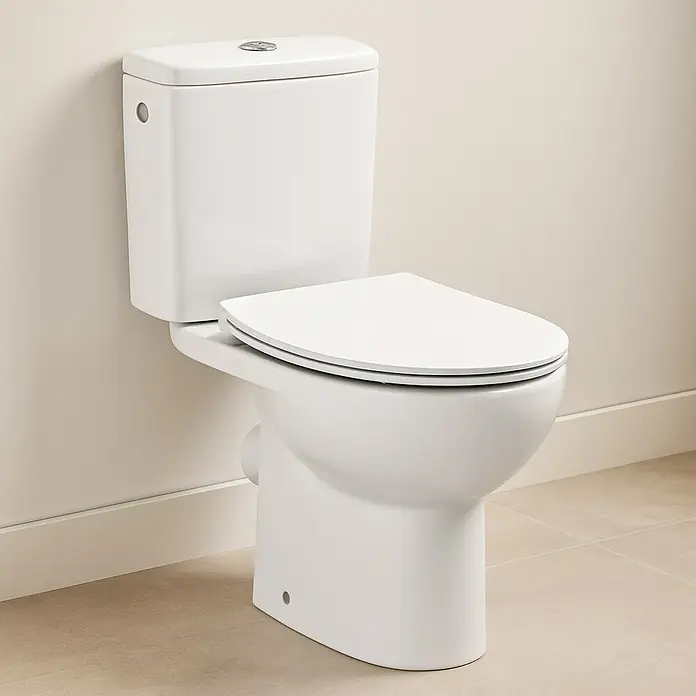 Roca Mitos Pack de WC - Con borde de descarga, Salida WC: Vertical, Blanco - Primer plano de un inodoro blanco moderno. Su diseño elegante y líneas limpias lo convierten en una excelente adición a cualquier baño.
