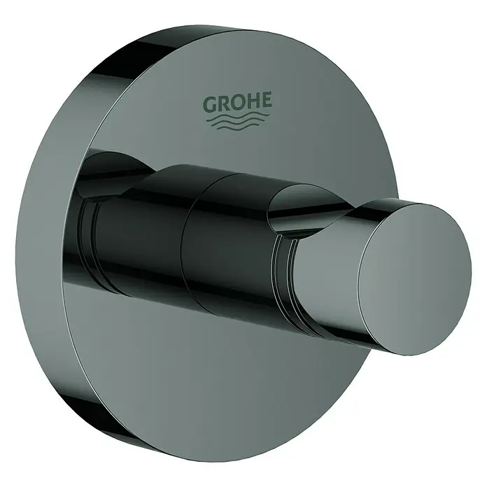 Grohe Essentials Bademantelhaken - Hard Graphite, Glänzend - Dieser Artikel zeigt einen modernen, schwarzen Grohe-Wandhaken. Der Haken hat eine runde Basis und ein zylindrisches Hakenelement.