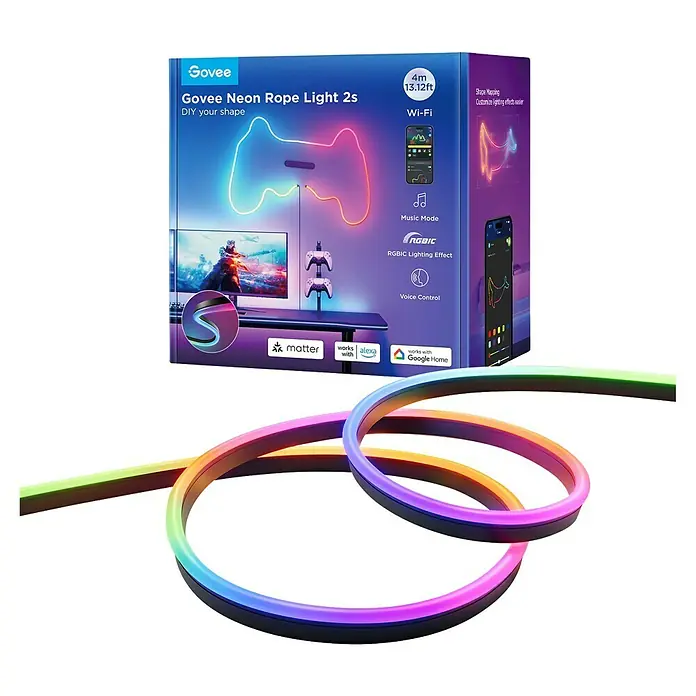 Govee LED-Stripes Neon Rope - Länge: 4 m, Schwarz, RGBW - Nahaufnahme der Govee Neon Rope Light 2s, die mit verschiedenen Farben leuchtet und sich flexibel formen lässt. Verpackung im Hintergrund.