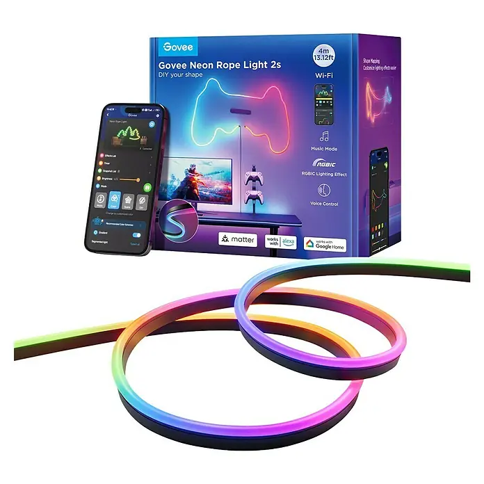Govee LED-Stripes Neon Rope - Länge: 4 m, Schwarz, RGBW - Produktbild der Govee Neon Rope Light 2s, eine flexible LED-Leuchte zur individuellen Gestaltung mit App-Steuerung und verschiedenen Effekten.