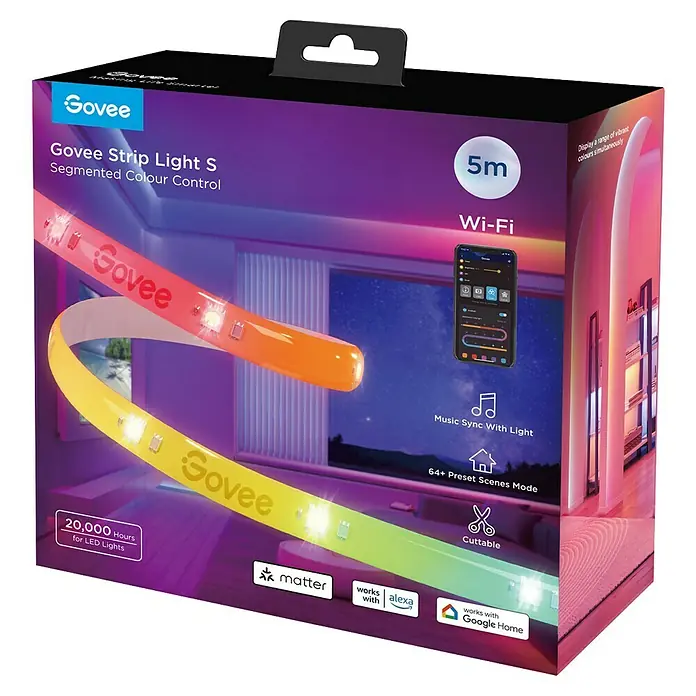 Govee LED-Stripes Light S - 5 m, RGBW, Matter - Verpackung der Govee Strip Light S mit segmentierter Farbsteuerung, 5 m Länge, Wi-Fi-fähig und kompatibel mit Alexa und Google Home.