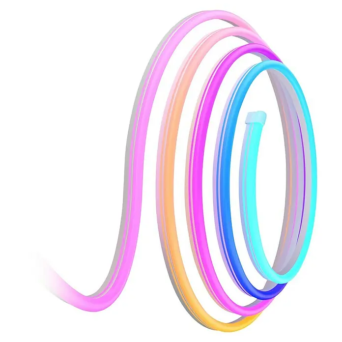 Govee LED-Stripes Neon Rope - Länge: 4 m, Weiß, RGBW - Abstraktes Bild einer farbenfrohen, gewundenen Spirale in Rosa, Orange, Blau und Türkis, die sich vor einem schwarzen Hintergrund windet.