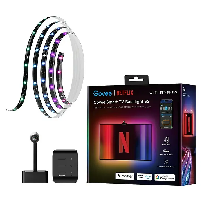 Govee Smart-LED-Band TV Netflix Backlight - Länge: 3,6 cm, RGBW, 432 lm, 220 V - Produktbild der Govee Smart TV Backlight 3S, die das Filmerlebnis mit einem Fingertipp verbessert und für Fernseher von 55 bis 65 Zoll geeignet ist.