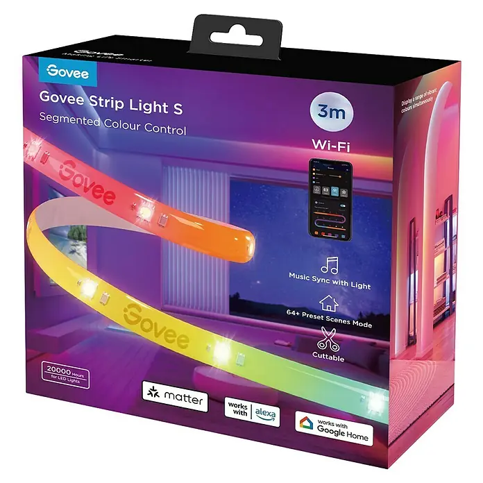 Govee LED-Stripes Light S - 3 m, RGBW, Matter - Produktbild der Govee Strip Light S LED-Leiste mit segmentierter Farbsteuerung, 3m Länge und Wi-Fi-Funktion.