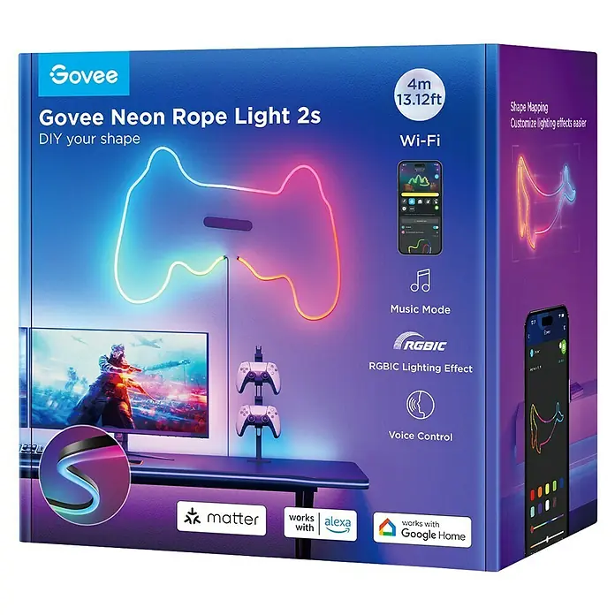 Govee LED-Stripes Neon Rope - Länge: 4 m, Schwarz, RGBW - Verpackung der Govee Neon Rope Light 2s: Gestalten Sie Ihr eigenes Lichtdesign mit der flexiblen Neon-Lichterkette und genießen Sie smarte Funktionen.