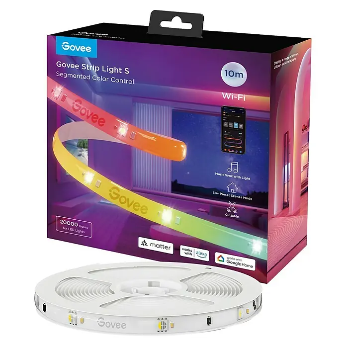 Govee LED-Stripes Light S - 10 m, RGBW, Matter - Produktabbildung der Govee Strip Light S LED-Lichterkette mit segmentierter Farbsteuerung, 10 Meter Länge, unterstützt WLAN und Sprachsteuerung.