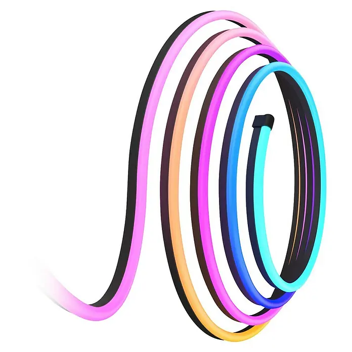 Govee LED-Stripes Neon Rope - Länge: 4 m, Schwarz, RGBW - Fünf spiralförmige, farbige LED-Streifen auf schwarzem Hintergrund. Ideal für stimmungsvolle Beleuchtung und kreative Dekorationen.