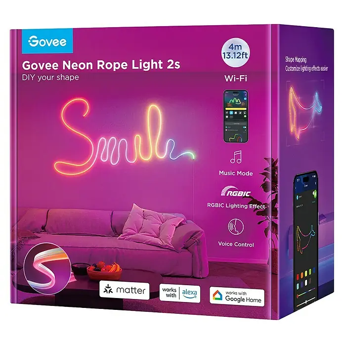 Govee LED-Stripes Neon Rope - Länge: 4 m, Weiß, RGBW - Produktverpackung der Govee Neon Rope Light 2s mit einem "Smile" Schriftzug aus Licht und verschiedenen Smart-Home-Funktionen.