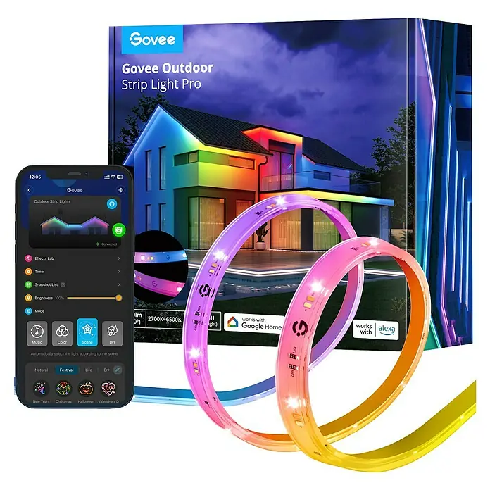 Govee Smart-LED-Band - Länge: 10 m, RGBW, 36 W, 2.000 lm, 230 V - Das Govee Outdoor Strip Light Pro Set mit flexiblen LED-Streifen, Smartphone-App-Steuerung und beeindruckenden Beleuchtungseffekten.