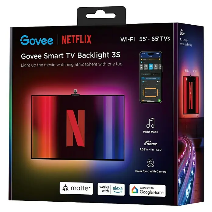 Govee Smart-LED-Band TV Netflix Backlight - Länge: 3,6 cm, RGBW, 432 lm, 220 V - Karton der Govee Smart TV Backlight 3S, kompatibel mit 55-65 Zoll TVs, mit RGBIC-Technologie für ein immersives Filmerlebnis.
