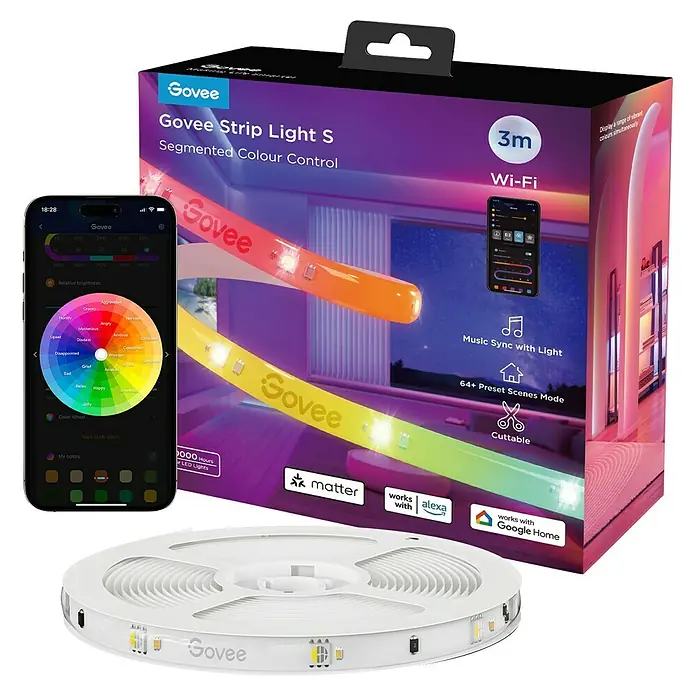 Govee LED-Stripes Light S - 3 m, RGBW, Matter - Abbildung einer Govee Strip Light S LED-Lichterkette mit segmentierter Farbsteuerung, die vielseitige und anpassbare Beleuchtungslösungen bietet.