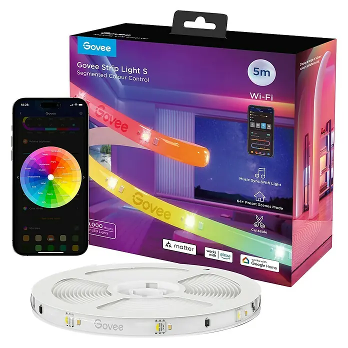 Govee LED-Stripes Light S - 5 m, RGBW, Matter - Produktbild der Govee Strip Light S: Segmentierte Farbsteuerung mit 5 m Länge, Wi-Fi-fähig, Musiksynchronisierung und voreingestellten Szenen.