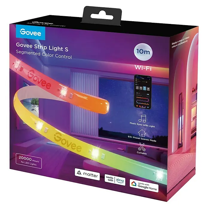Govee LED-Stripes Light S - 10 m, RGBW, Matter - Abbildung einer Govee Strip Light S-Verpackung mit segmentierter Farbsteuerung, 10 m Länge, Wi-Fi-Funktion und Kompatibilität mit Sprachassistenten.