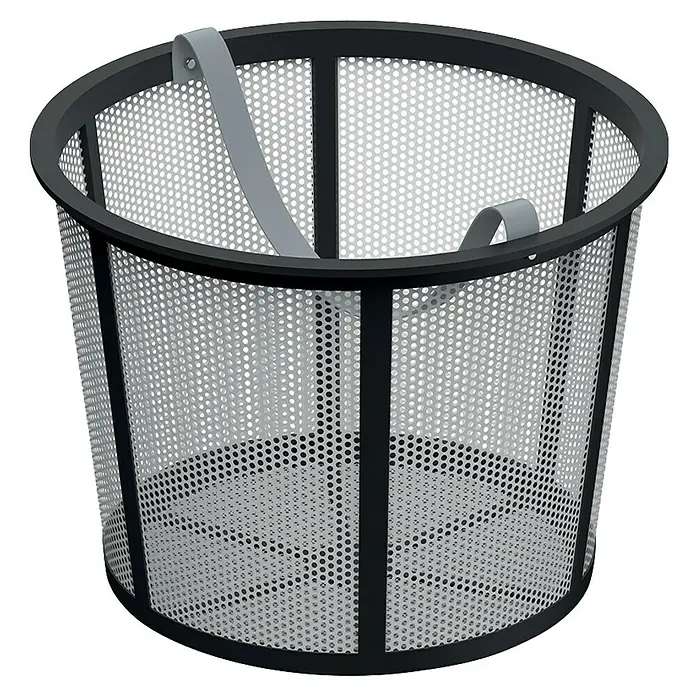 Regenwasserfilter - Passend für: Regenwasser-Erdtanks Unground - Ein schwarzer, runder Papierkorb aus Metall mit einem Lochmuster und zwei grauen Griffen. Er ist modern und funktional.