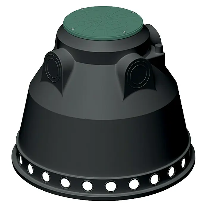 Revisionsschacht Unground 500R-Drain - L x B x H: 120 x 120 x 95 cm, Passend für: Regenwassertank Unground - Diese Abbildung zeigt einen schwarzen Klärbehälter mit einem grünen Deckel. Der Klärbehälter ist robust und für den Außeneinsatz konzipiert.