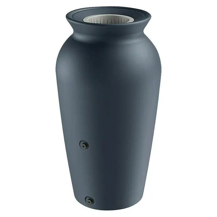 Regentonne Velcan - 120 l, Anthrazit - Grauer Pflanzgefäß in Vasenform mit Schrauben an der Außenseite und einem weißen Einsatz im Inneren. Perfekt für Pflanzenliebhaber.