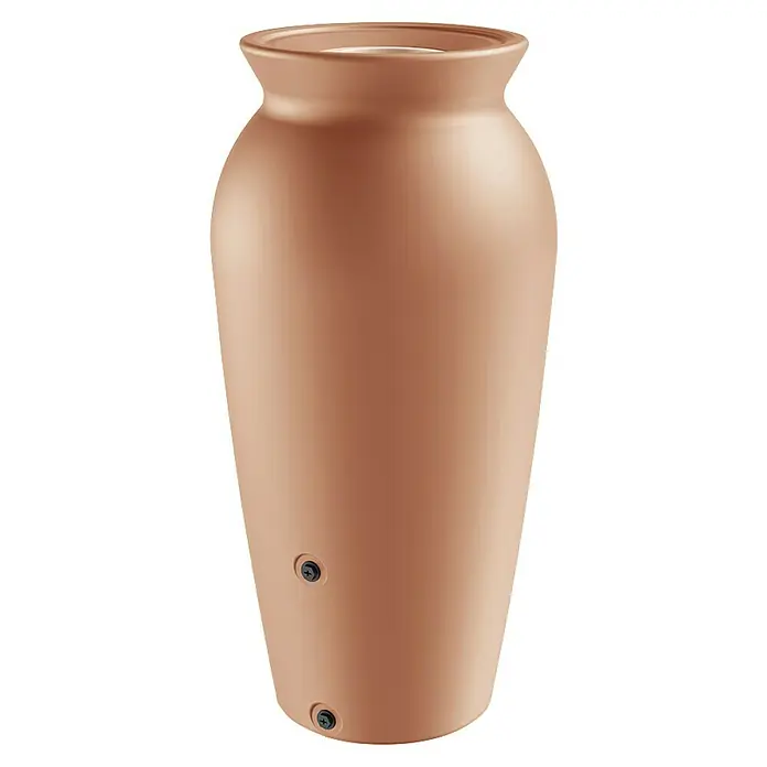 Regentonne Velcan - 230 l, Terrakotta - Nahaufnahme eines Regenspeichers in Terrakotta-Optik mit zwei Schrauben. Der Behälter ist bauchig und hat eine Öffnung oben.