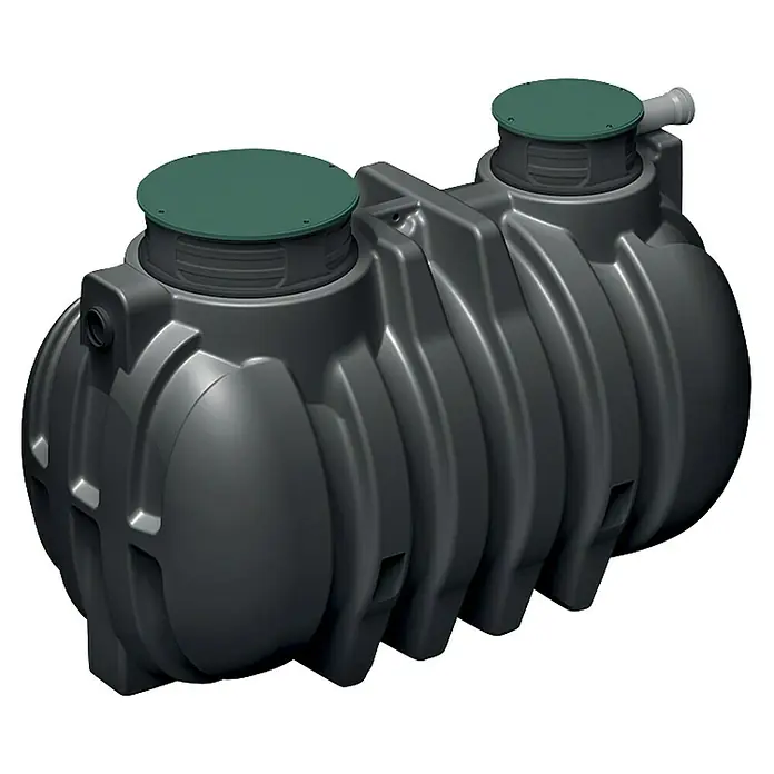 Regenwassertank Unground 3000 - Gesamt Fassungsvermögen: 3.000 l, 1 Stk., Grau - Schwarzer unterirdischer Regenwassertank mit grünen Deckeln.