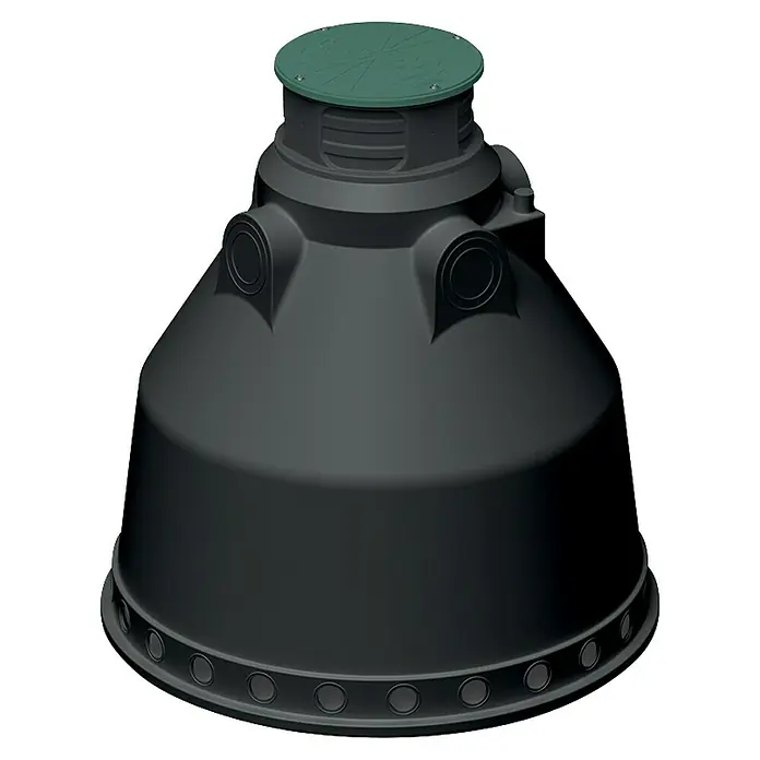 Revisionsschacht Unground 1000R-Drain - L x B x H: 140 x 140 x 125 cm, Passend für: Regenwassertank Unground - Darstellung eines isolierten grauen Kunststofftanks mit grünem Deckel. Der Tank ist für verschiedene Anwendungen geeignet.