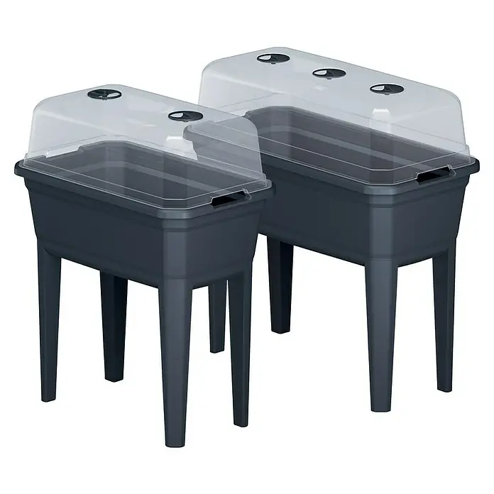 Hochbeet Respana Eco - Anthrazit, Kunststoff, 36,8 x 74,6 x 77,7 cm - Zwei erhöhte Pflanzkästen mit transparenten Abdeckungen, ideal für Gartenliebhaber, die Bequemlichkeit und Schutz suchen.