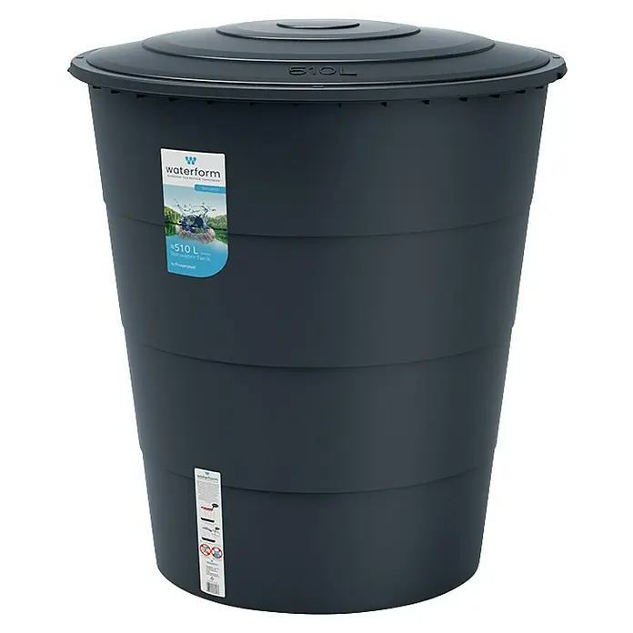 Regentonne Smooth - 510 l, Anthrazit, 1 Stk. - Ein grauer 510L Waterform Regenwassertank mit Deckel, ideal zur Sammlung von Regenwasser für den Garten.