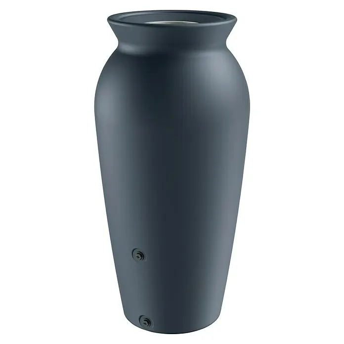 Regentonne Velcan - 230 l, Anthrazit - Abgebildet ist ein schlanker, grauer Regenspeicher mit zwei Schrauben an der Unterseite, ideal für die Gartenbewässerung und Regenwassernutzung.
