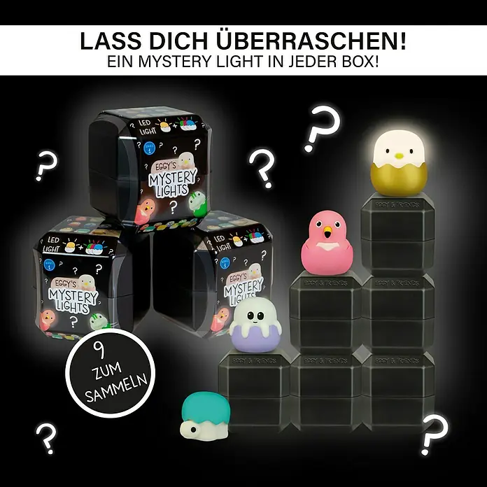 MegaLight LED-Nachtlicht Mystery Lights Eggys - 0,2 W, L x B x H: 45 x 45 x 50 mm, RGBW, Gesamtstückzahl: 1 Stk. - Das Bild zeigt Eggy's Mystery Lights, kleine Überraschungsfiguren mit LED-Lichtern in einer Box, 9 zum Sammeln.