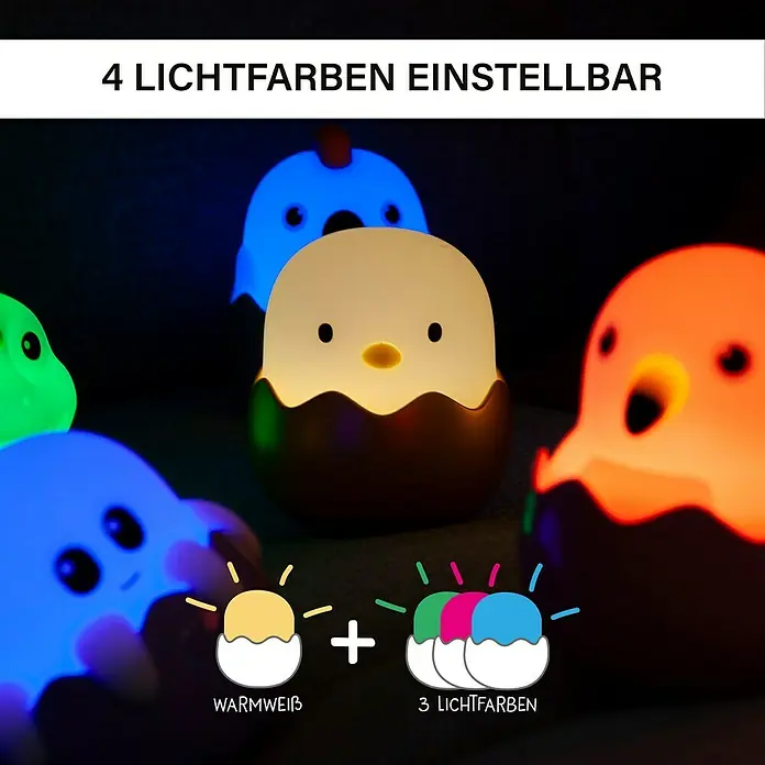 MegaLight LED-Nachtlicht Mystery Lights Eggys - 0,2 W, L x B x H: 45 x 45 x 50 mm, RGBW, Gesamtstückzahl: 1 Stk. - Nahaufnahme von kleinen, farbwechselnden Küken-Nachtlichtern, die eine beruhigende Atmosphäre schaffen und sich ideal für Kinderzimmer eignen.