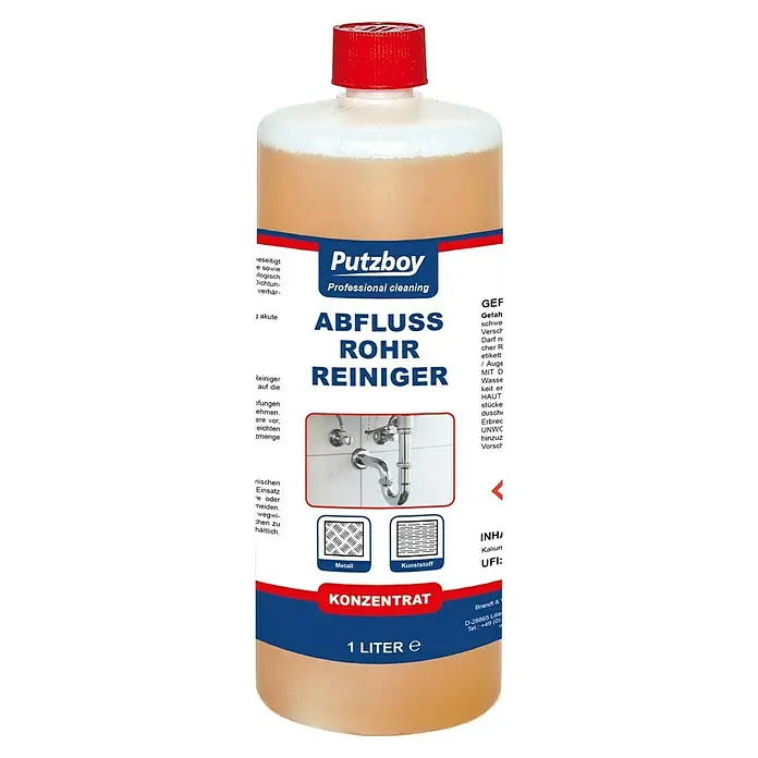 Poliboy Abflussreiniger Putzboy Abfluss-Rohrreiniger Konzentrat - Flasche, 1 l - Bild einer Flasche Putzboy Abfluss Rohr Reiniger, ein konzentriertes Produkt zur professionellen Reinigung von Abflüssen und Rohren.
