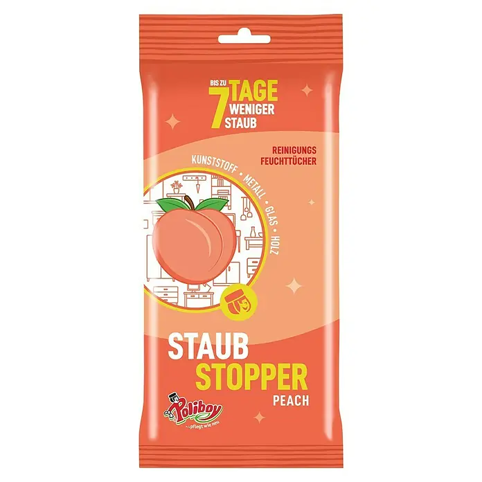 Poliboy Feuchttücher Staubstopper - 24 -tlg. - Bild einer Packung Poliboy Staubstopper Peach Feuchttücher, die bis zu 7 Tage weniger Staub versprechen.