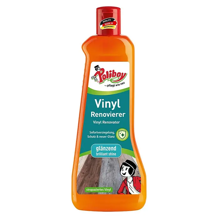 Poliboy Bodenpflege Vinyl Renovierer - 500 ml - Abbildung einer Flasche Poliboy Vinyl Renovierer, einem Produkt zur Pflege und zum Schutz von Vinylböden mit Glanzeffekt.