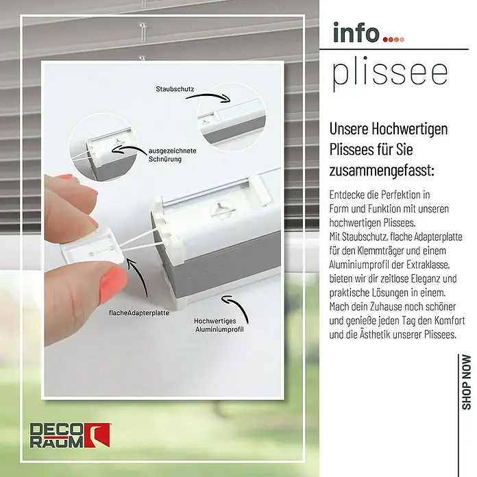 Deco-Raum Plissee ohne Bohren Basic - B x H: 55 x 150 cm, Grau - Nahaufnahme eines hochwertigen Plissees mit Staubschutz, flacher Adapterplatte und Aluminiumprofil für zeitlose Eleganz.