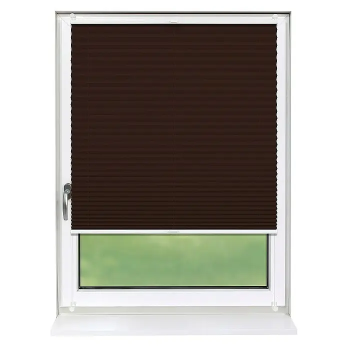 Deco-Raum Plissee ohne Bohren Basic - B x H: 45 x 150 cm, Dunkelbraun - Braune Plissee-Rollos im Fensterrahmen. Das Rollo ist blickdicht und schützt vor Sonneneinstrahlung für einen abgedunkelten Raum und mehr Privatsphäre.