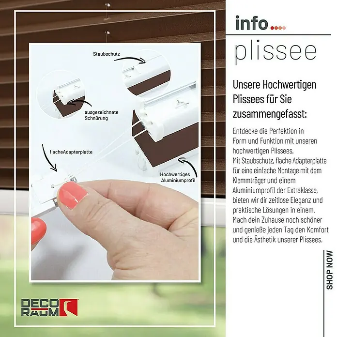 Deco-Raum Plissee ohne Bohren Basic - B x H: 80 x 150 cm, Braun - Nahaufnahme des Plissee-Systems mit Staubschutz, flacher Adapterplatte und hochwertigem Aluminiumprofil. Ideal für stilvolle Fenstergestaltung.