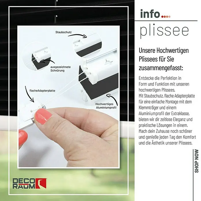 Deco-Raum Plissee ohne Bohren Basic - B x H: 45 x 150 cm, Schwarz - Detailansicht eines hochwertigen Plissees mit Staubschutz, flacher Adapterplatte und einem Aluminiumprofil für zeitlose Eleganz und praktische Lösungen.