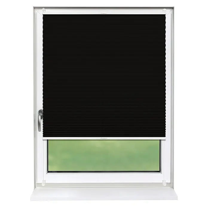 Deco-Raum Plissee ohne Bohren Basic - B x H: 45 x 150 cm, Schwarz - Schwarze, blickdichte Plissee-Jalousie in einem weißen Fensterrahmen, die für Verdunkelung und Privatsphäre sorgt.