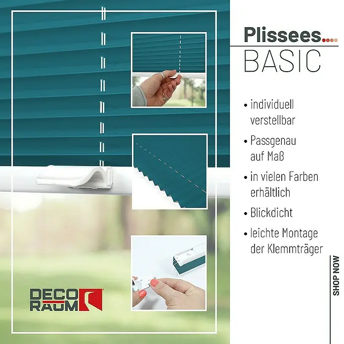 Deco-Raum Plissee ohne Bohren Basic - B x H: 60 x 150 cm, Petrol - Das Bild zeigt ein Basic-Plissee in Blaugrün von Decoraum, das individuell verstellbar, passgenau und blickdicht ist. Leichte Montage.