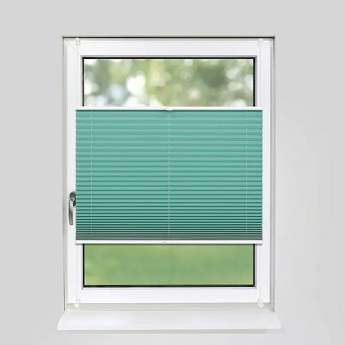 Deco-Raum Plissee ohne Bohren Basic - B x H: 95 x 210 cm, Türkis - Bild einer Fensterjalousie in einem Fensterrahmen. Die Jalousie ist in einem erfrischenden Aquaton gehalten.