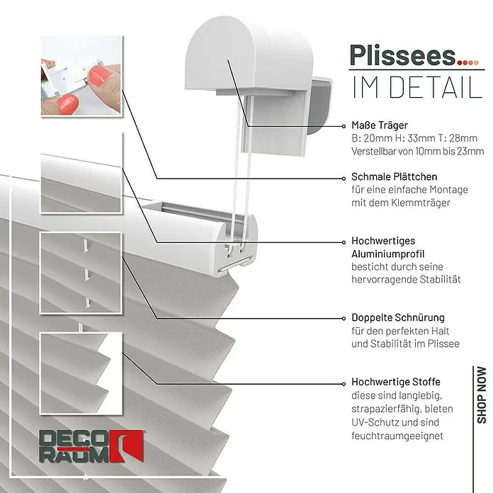 Deco-Raum Plissee ohne Bohren Basic - B x H: 50 x 150 cm, Silber - Detailaufnahme eines weißen Plissees mit Erläuterungen zu Trägern, Plättchen, Profil, Schnürung und Stoff.