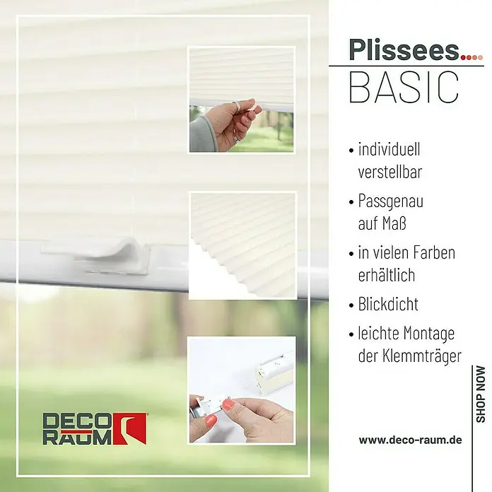 Deco-Raum Plissee ohne Bohren Basic - B x H: 65 x 150 cm, Vanille - Das Bild zeigt ein Plissee BASIC in Weiß, das individuell verstellbar ist und passgenau auf Maß erhältlich ist.