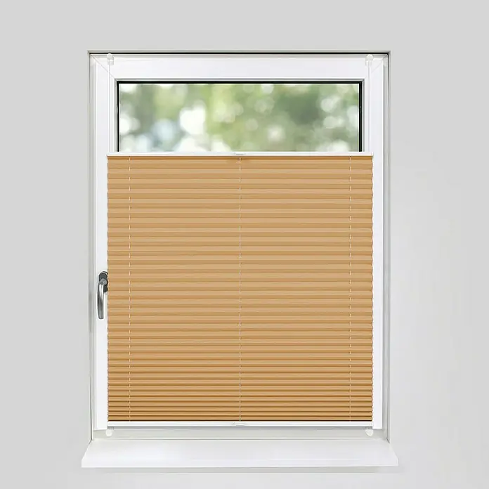Deco-Raum Plissee ohne Bohren Basic - B x H: 40 x 150 cm, Cappuccino - Fenster mit braunen Jalousien, die das Licht filtern und Privatsphäre bieten.