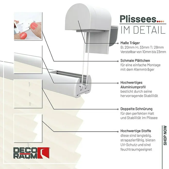 Deco-Raum Plissee ohne Bohren Basic - B x H: 65 x 150 cm, Vanille - Detailansicht eines Plissees mit Beschreibungen der Maße, Materialien und Eigenschaften für hohe Stabilität und einfache Montage.
