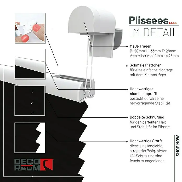 Deco-Raum Plissee ohne Bohren Basic - B x H: 80 x 150 cm, Schwarz - Detailansicht eines Plissees mit Beschreibungen seiner Eigenschaften, wie Maße, Aluminiumprofil, Schnürung und hochwertiger Stoff.