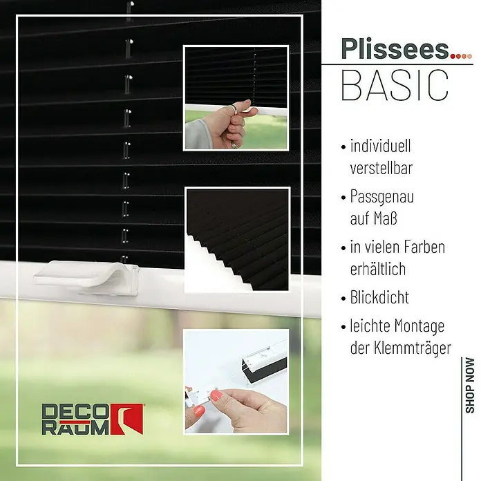 Deco-Raum Plissee ohne Bohren Basic - B x H: 80 x 150 cm, Schwarz - Abbildung eines schwarzen Plissee-BASIC-Rollos, das sich ideal für eine individuelle Fensterdekoration und einen effektiven Sonnenschutz eignet.